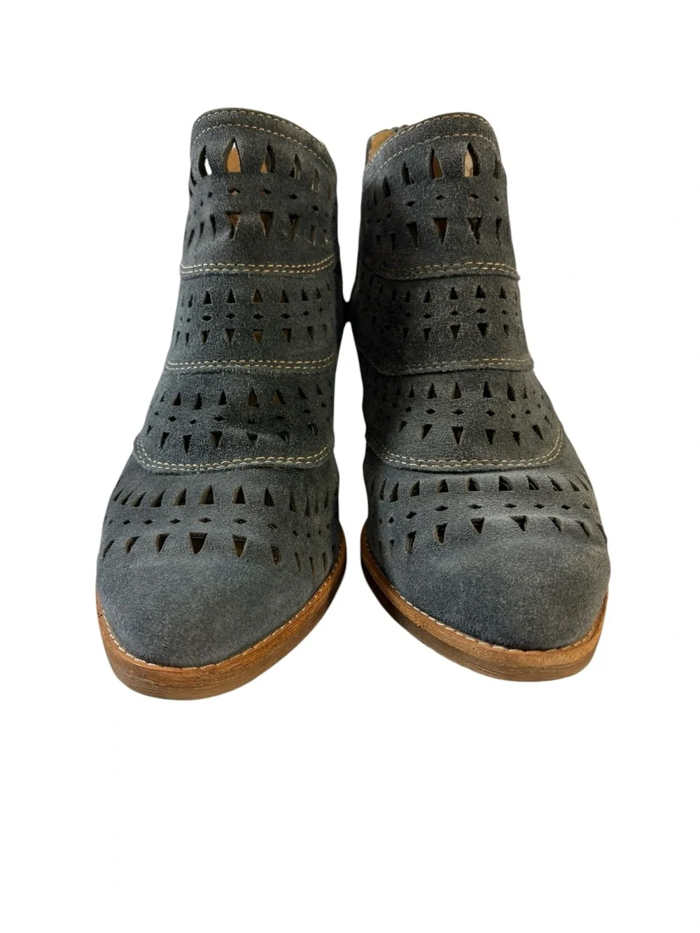 Söfft 9M Slate Blue Leather Laser Cut Western Ankle Booties